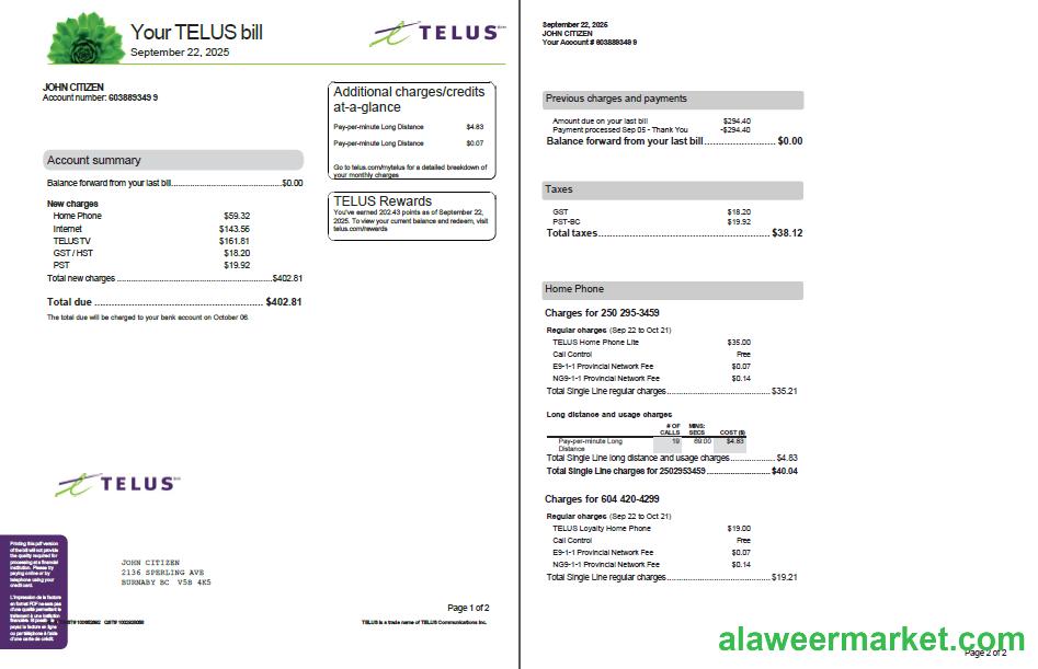 Canada Telus utility bill template in Word and PDF formats, 2 pages, version 3